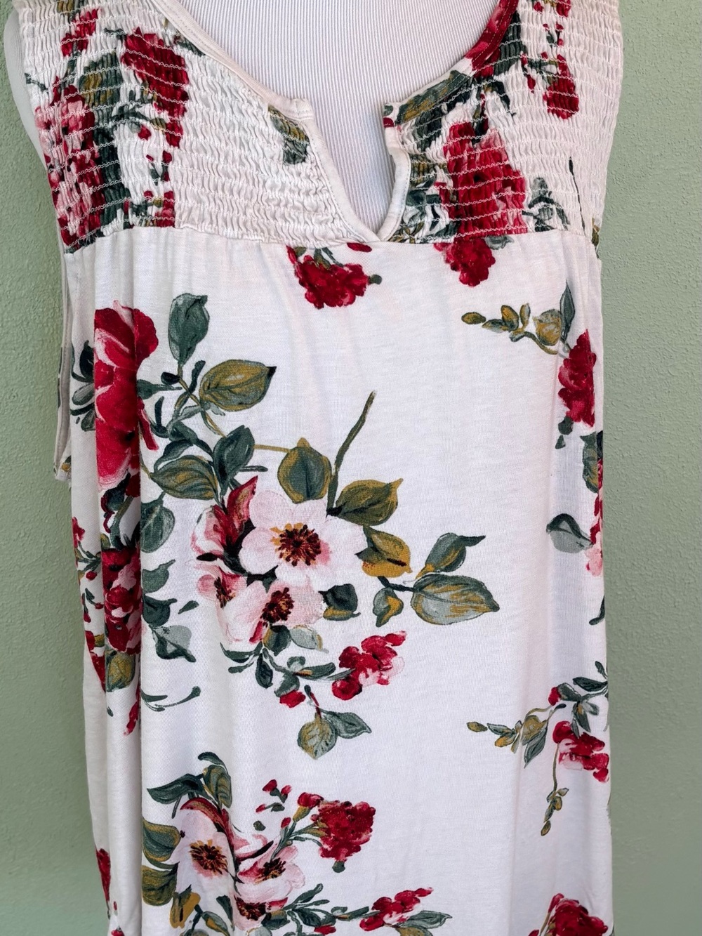 Papermoon White Floral Smocked V-Neck Tank Top with Red & Green